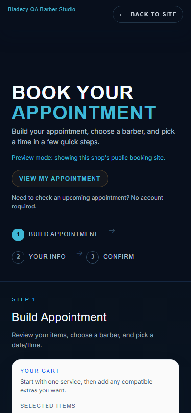 Real Bladezy shared-QA customer booking screen